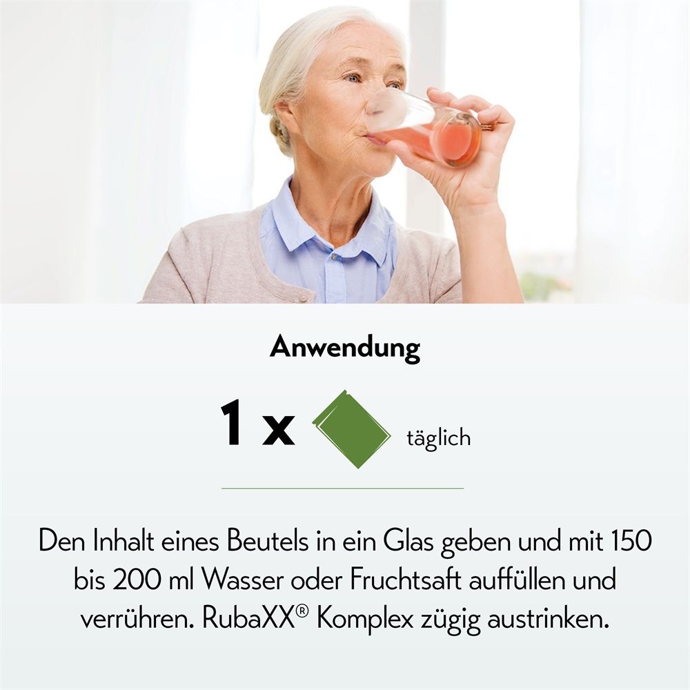 Anwendung von RubaXX® Komplex: 1 Beutel täglich in Wasser oder Saft auflösen und trinken.