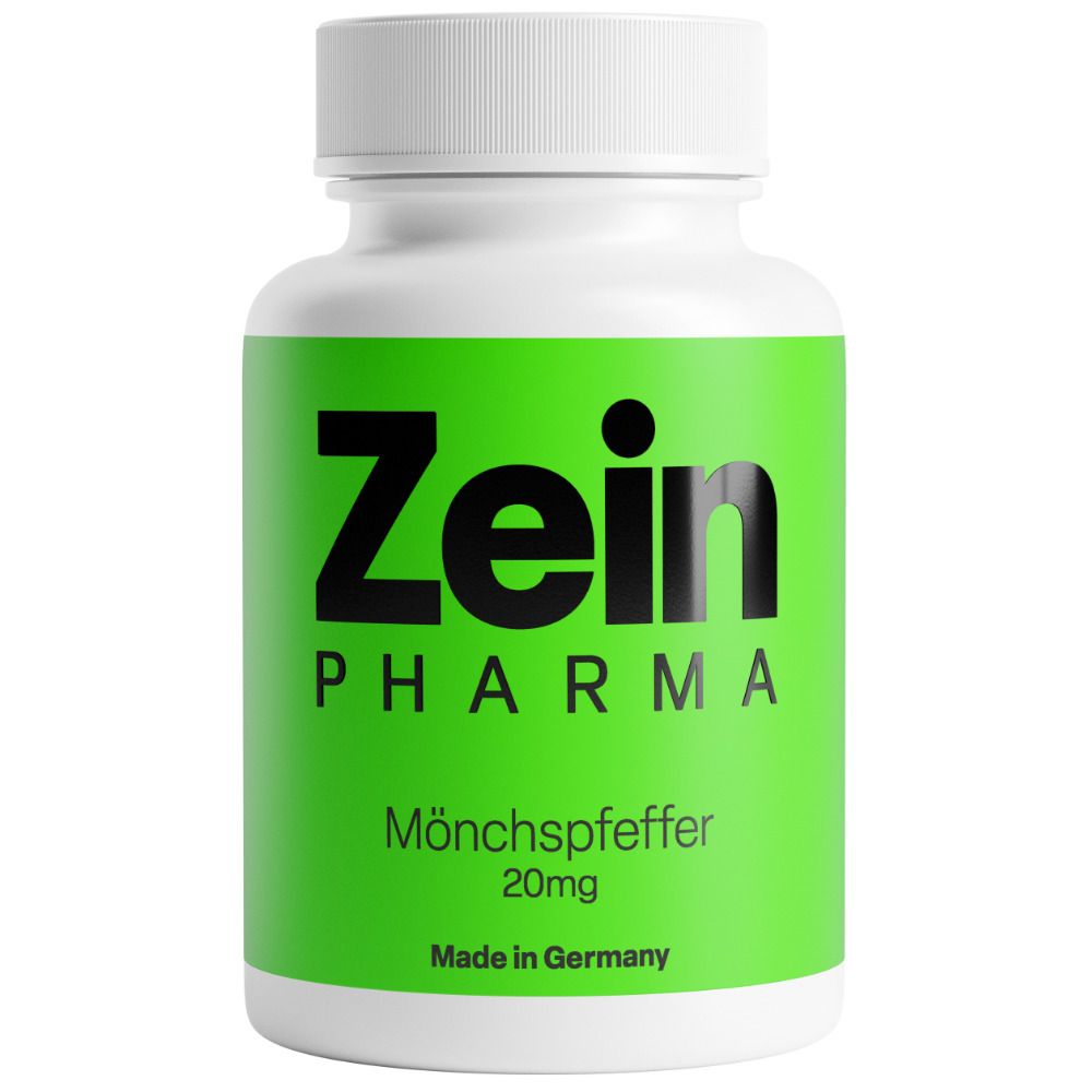 Weiße Flasche mit grünem Etikett. ZeinPharma Mönchspfeffer 20mg. Made in Germany.