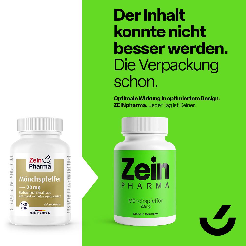 Zwei Flaschen. Links: älteres Design. Rechts: neues Design. ZeinPharma Mönchspfeffer.