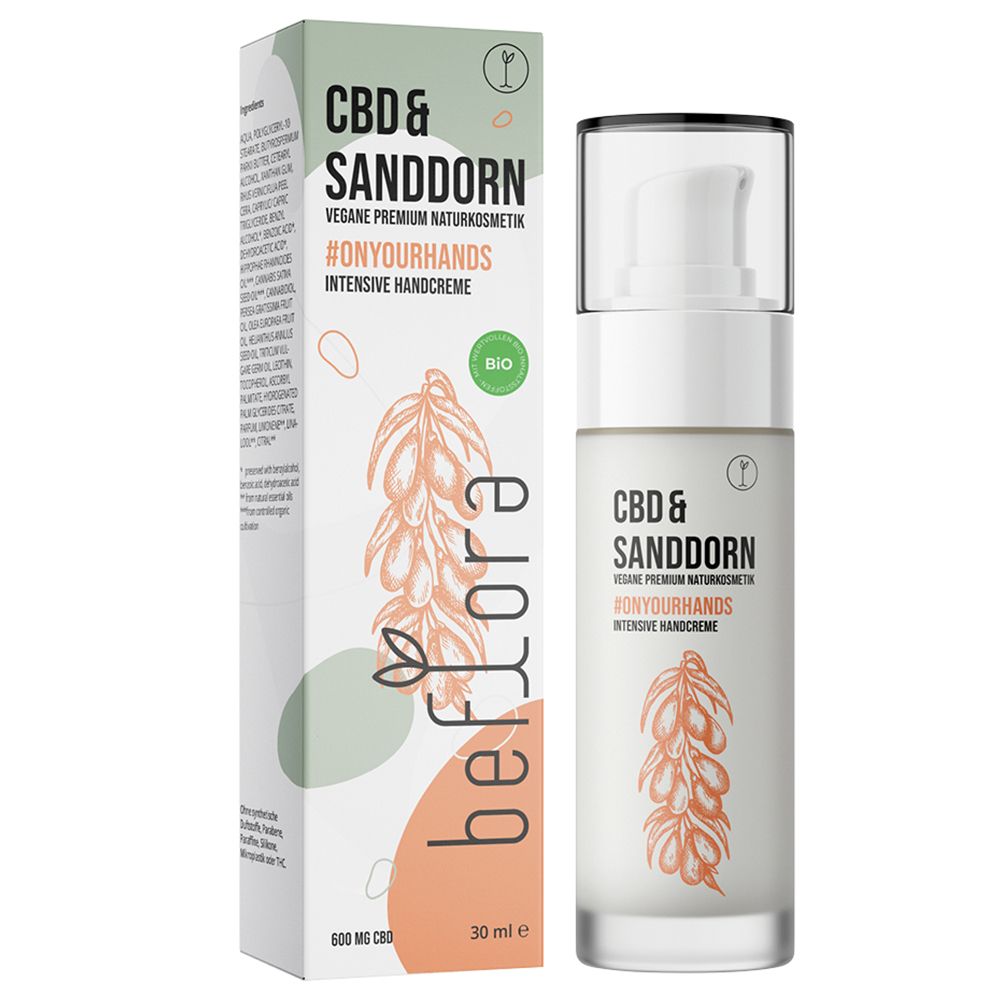 Handcreme-Verpackung und -Flasche. Aufschrift: CBD & Sanddorn, #ONYOURHANDS, Intensive Handcreme. Marke: beflora. Bio-Siegel.