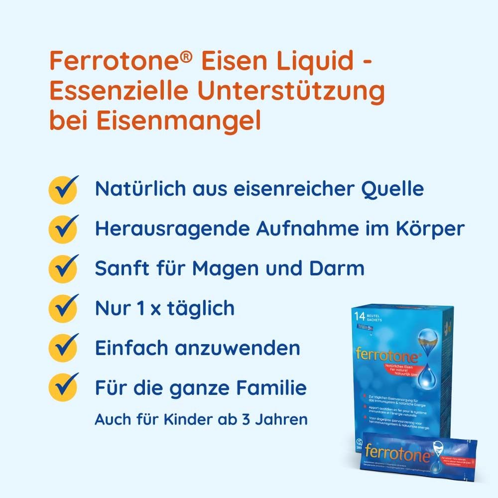Schachtel und Sachet mit ferrotone®. Text: Natürliches Eisen, 1x täglich, für die ganze Familie, ab 3 Jahren.