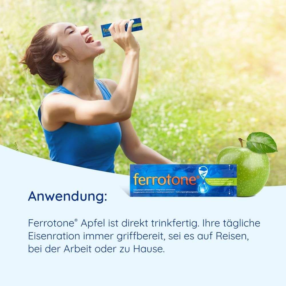 Frau trinkt ferrotone® aus einem Beutel. Grüner Apfel daneben. Text: ferrotone® Apfel ist trinkfertig.