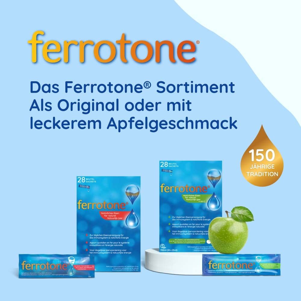 Produktabbildung: ferrotone® Sortiment. Zwei Schachteln, Einzelpackung und Apfel. 150 Jahre Tradition.