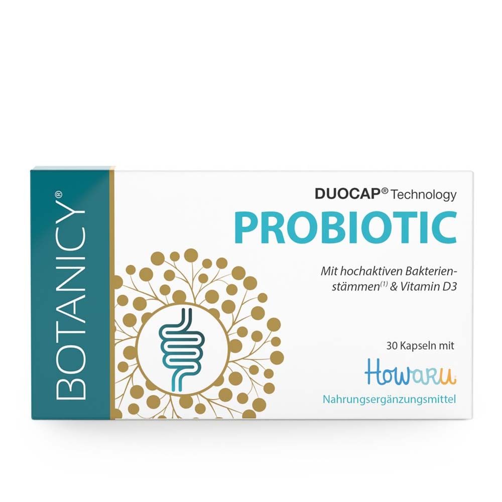 Weiße Schachtel mit „PROBIOTIC“ Schriftzug. Enthält 30 Kapseln. Marke: Botanicy. Mit Howaru-Logo.