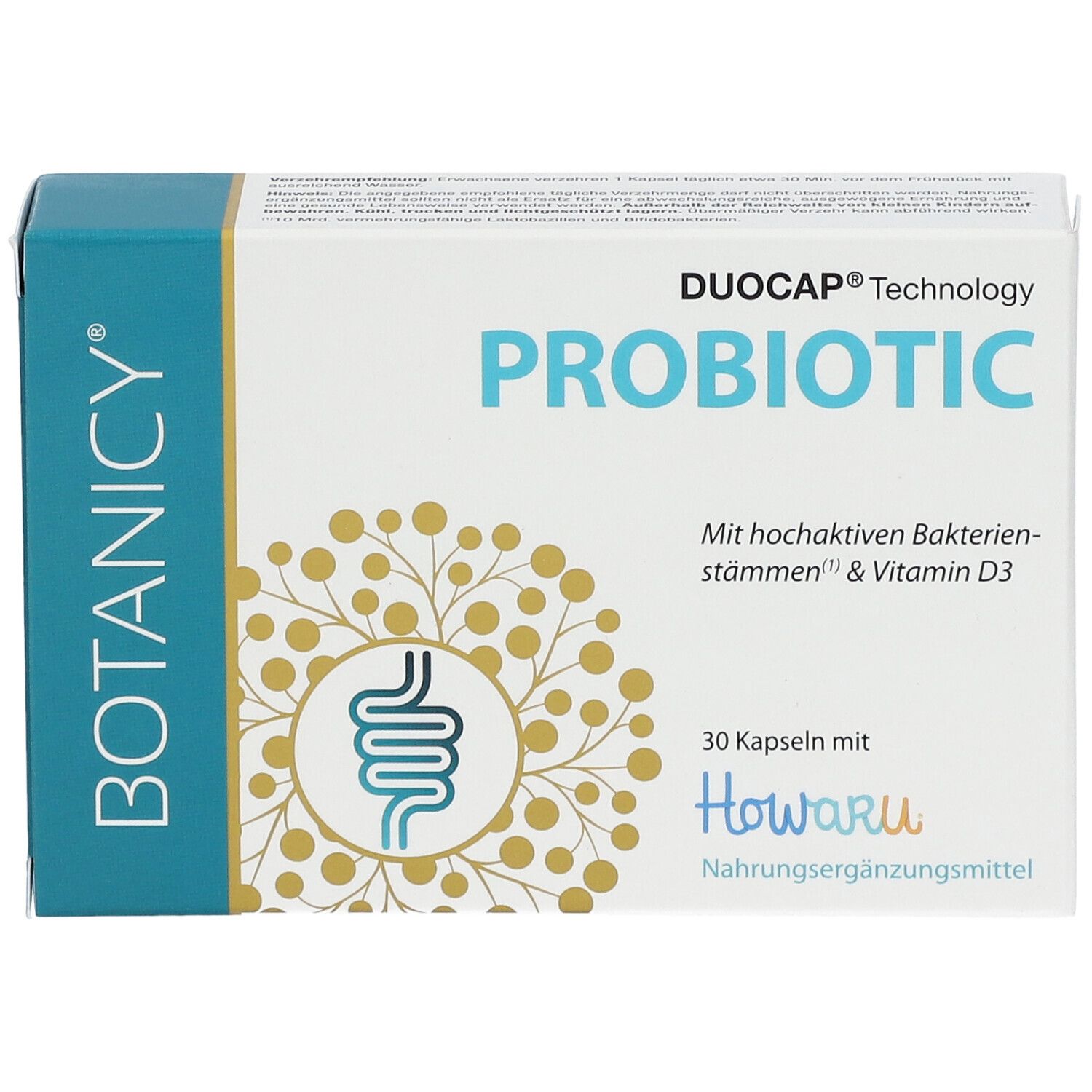 Weiße Schachtel mit „PROBIOTIC“ Schriftzug. Enthält 30 Kapseln. Marke: Botanicy. Mit Howaru-Logo.