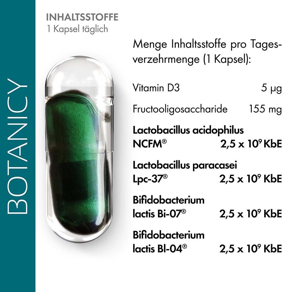 Tabelle mit Inhaltsstoffen pro Kapsel. Enthält Vitamin D3, Fructooligosaccharide und Bakterienstämme.
