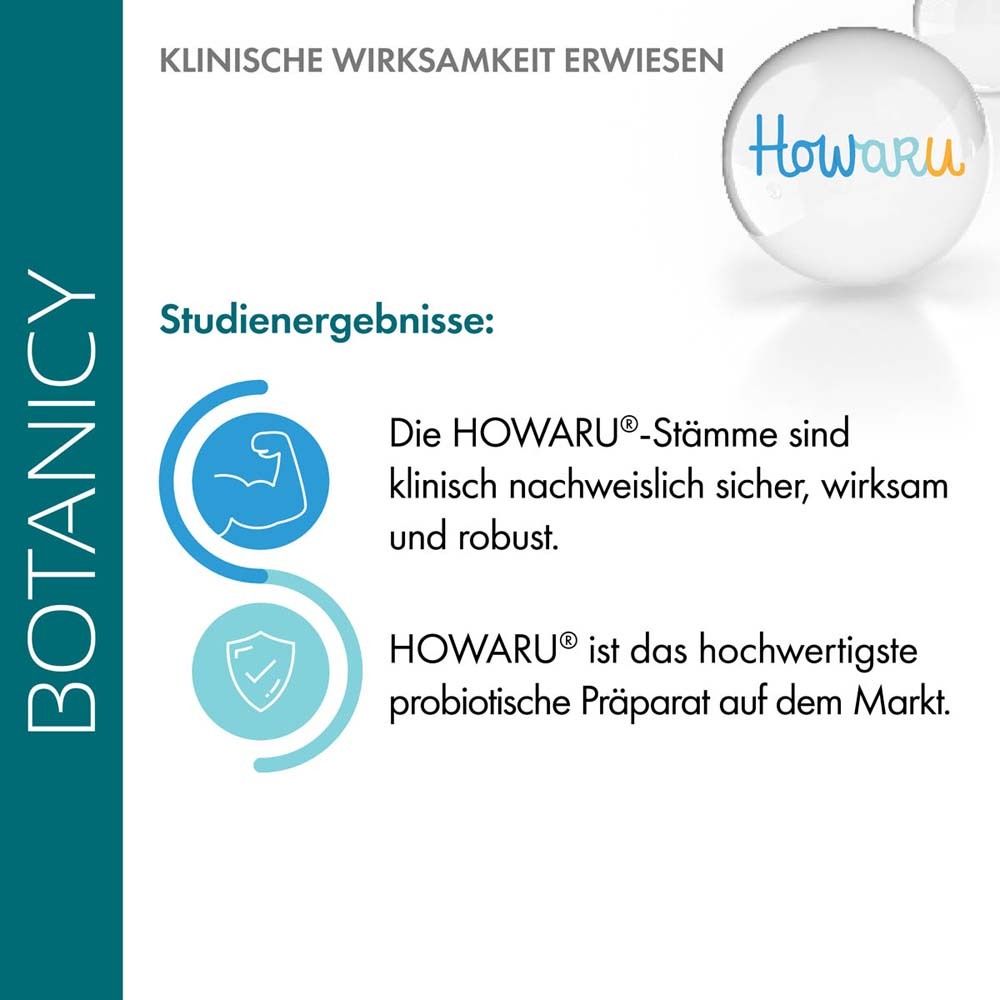 Text mit Überschrift „Klinische Wirksamkeit erwiesen“. Howaru-Logo und Informationen.