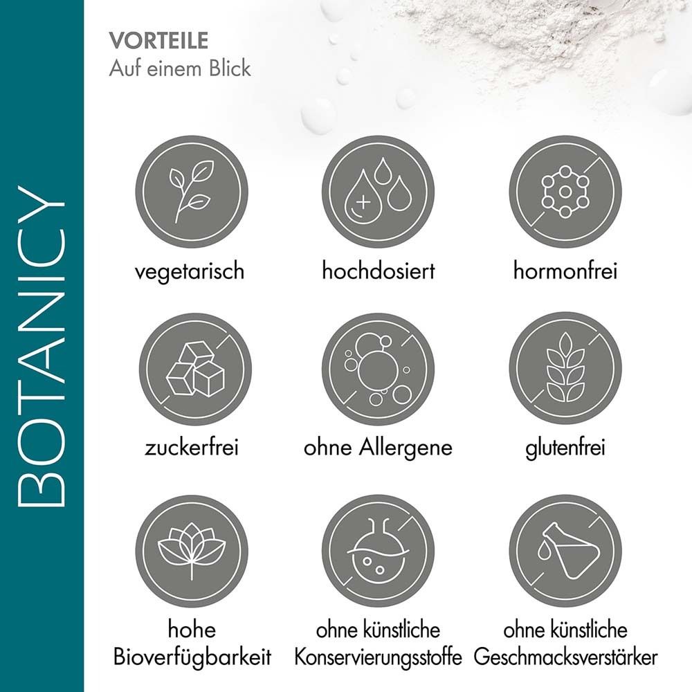 Icons mit Vorteilen des Produkts: vegetarisch, hochdosiert, ohne Hormone, Zucker, Allergene, Gluten.