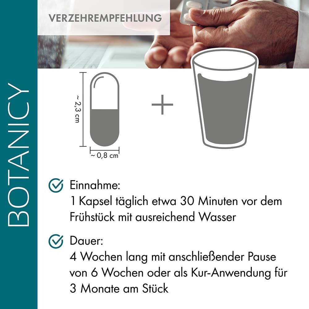 Kapsel neben Glas Wasser. Maße der Kapsel. Einnahmeempfehlung: 1 Kapsel täglich mit Wasser.