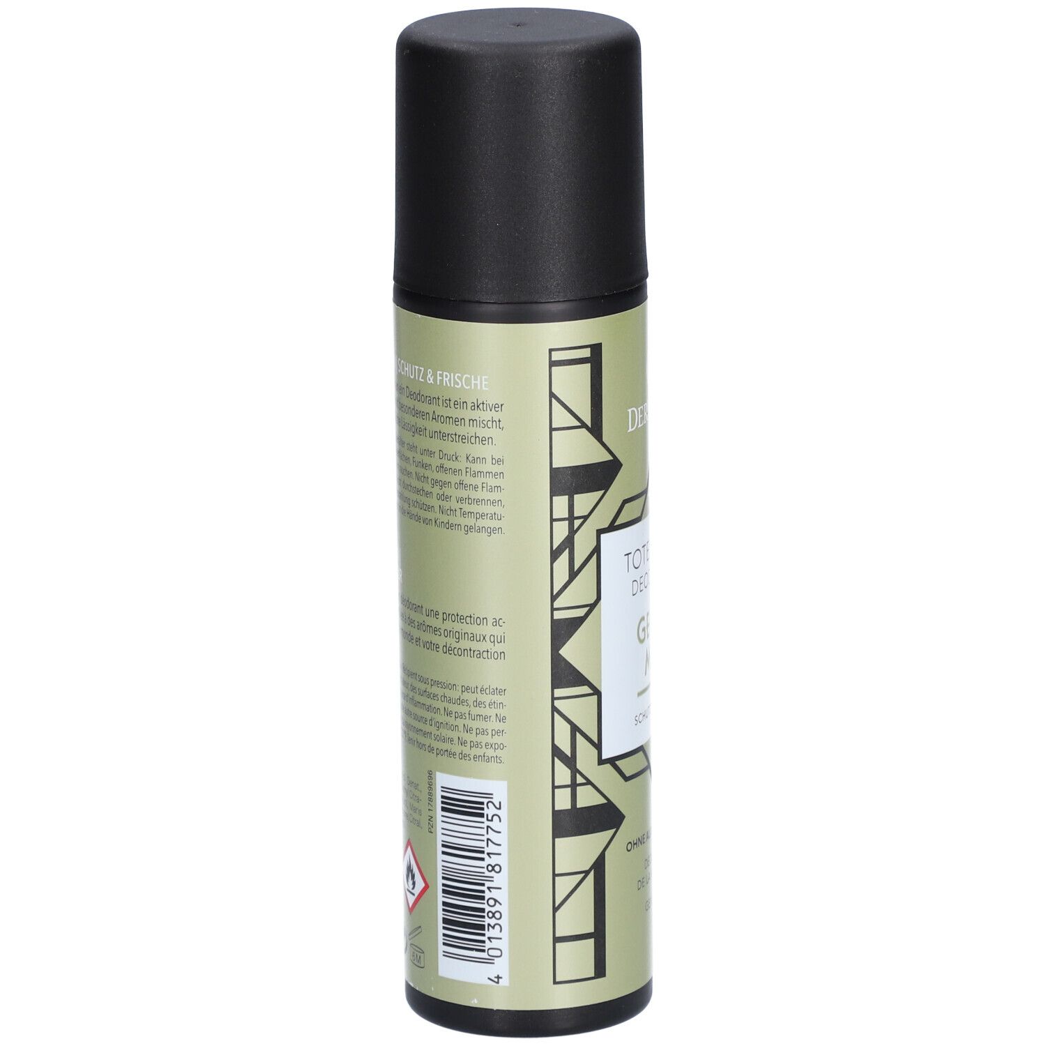 Deodorant-Spray, seitliche Ansicht. Text: Informationen zum Produkt. Logo: DERMASEL. Inhaltsstoffe und Warnhinweise.