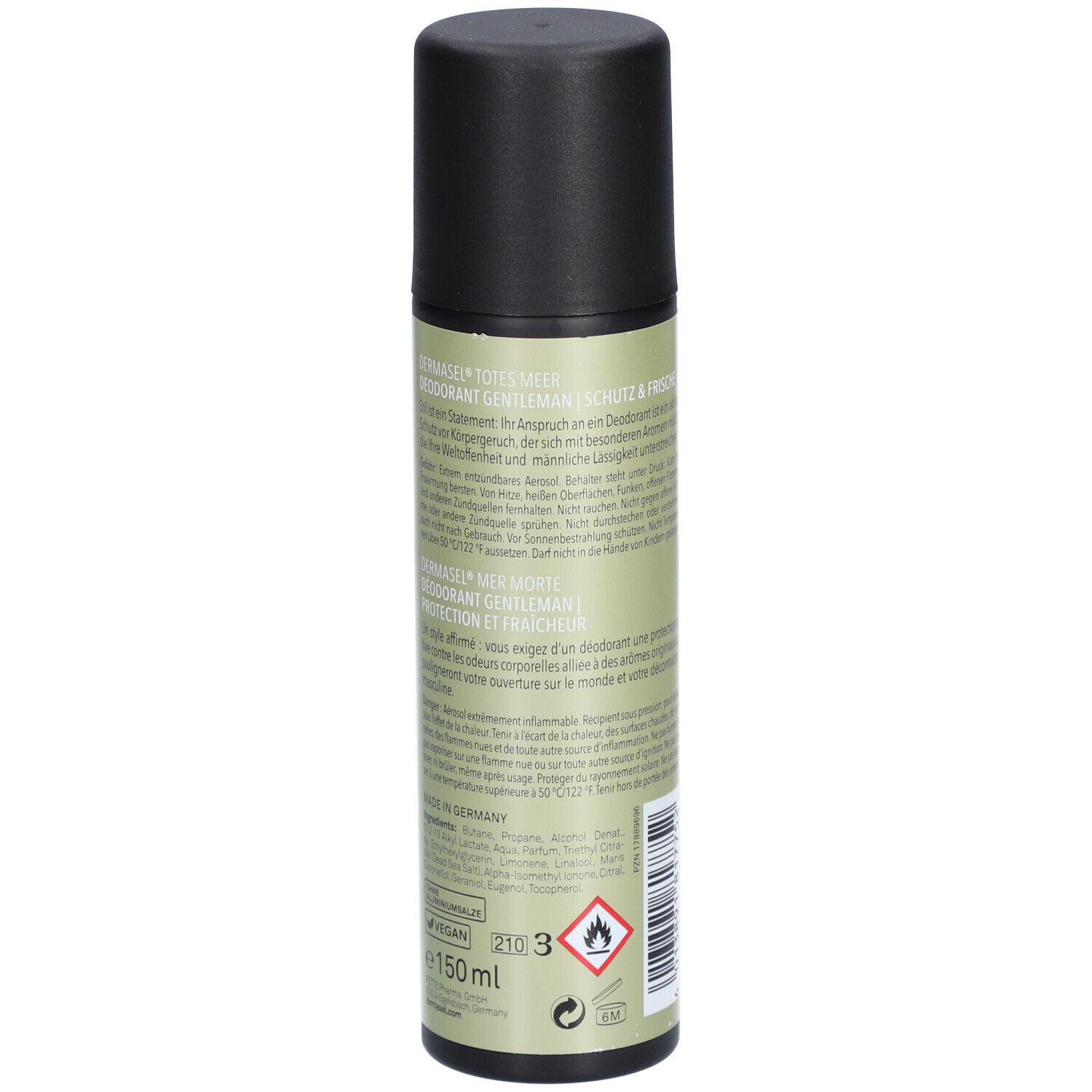 Deodorant-Spray, seitliche Ansicht. Text: Produktinformationen, Inhaltsstoffe, Warnhinweise. Logo: DERMASEL. Volumen: 150 ml.