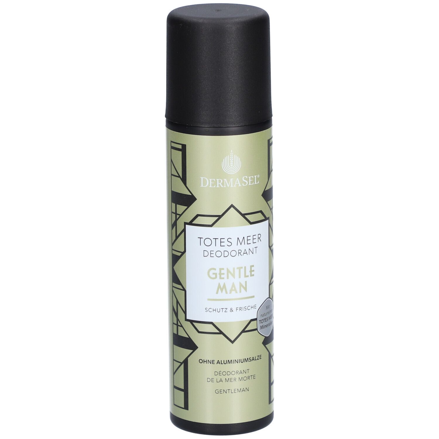 Deodorant-Spray mit schwarzem Deckel. Aufschrift: Totes Meer Deodorant Gentleman. Logo: DERMASEL. Ohne Aluminiumsalze.