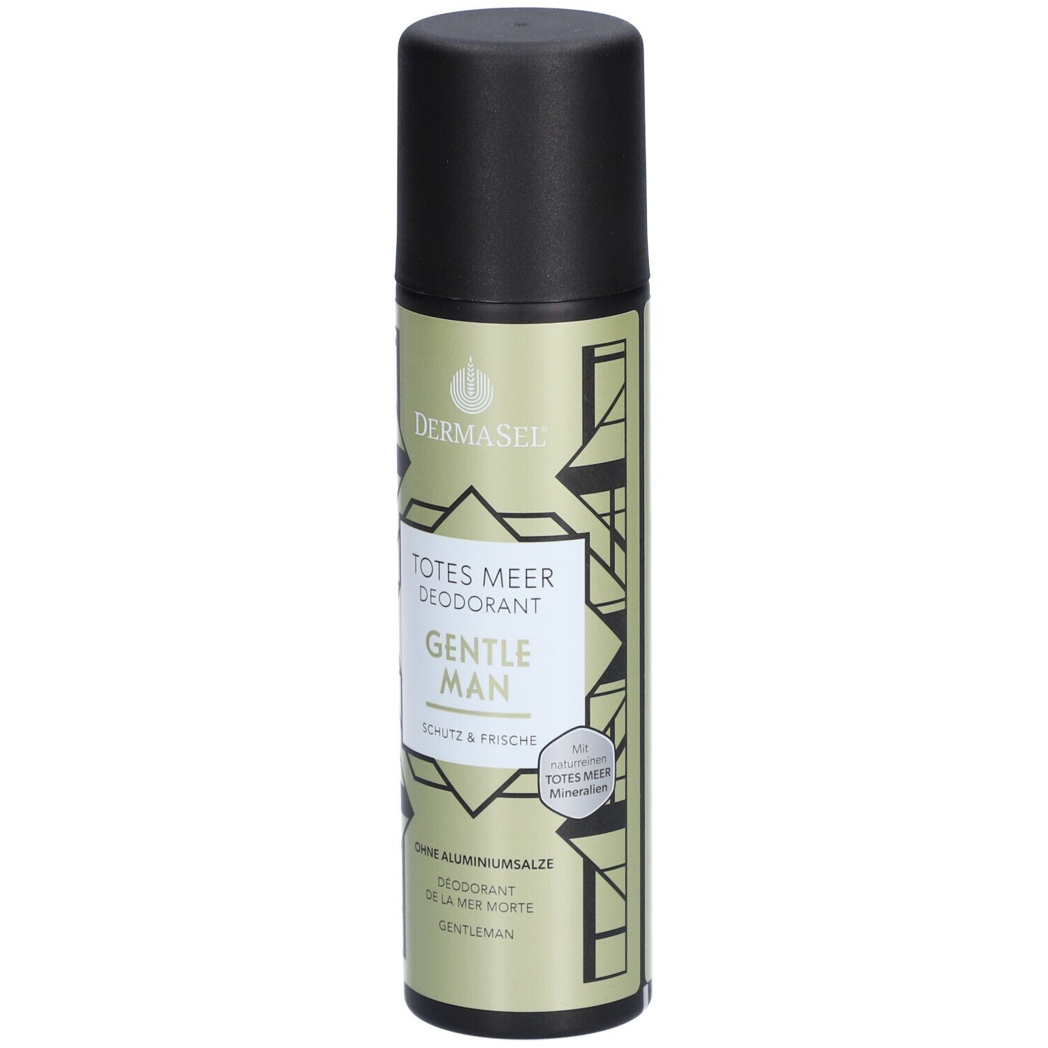 Deodorant-Spray mit schwarzem Deckel. Aufschrift: Totes Meer Deodorant Gentleman. Logo: DERMASEL. Ohne Aluminiumsalze.
