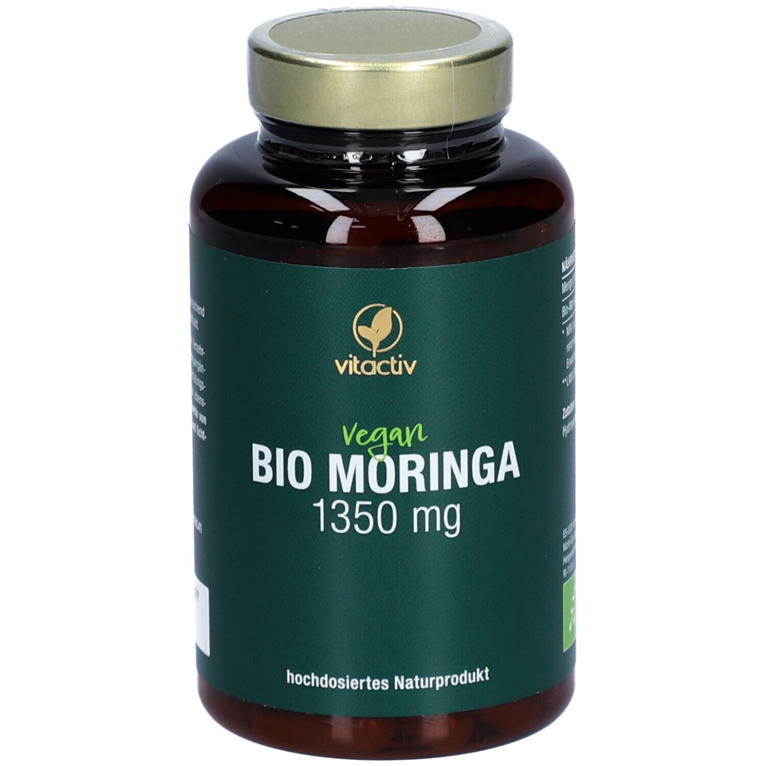 Braune Glasflasche mit grüner Etikette. Aufschrift: Vegan Bio Moringa 1350 mg. Goldfarbener Deckel.