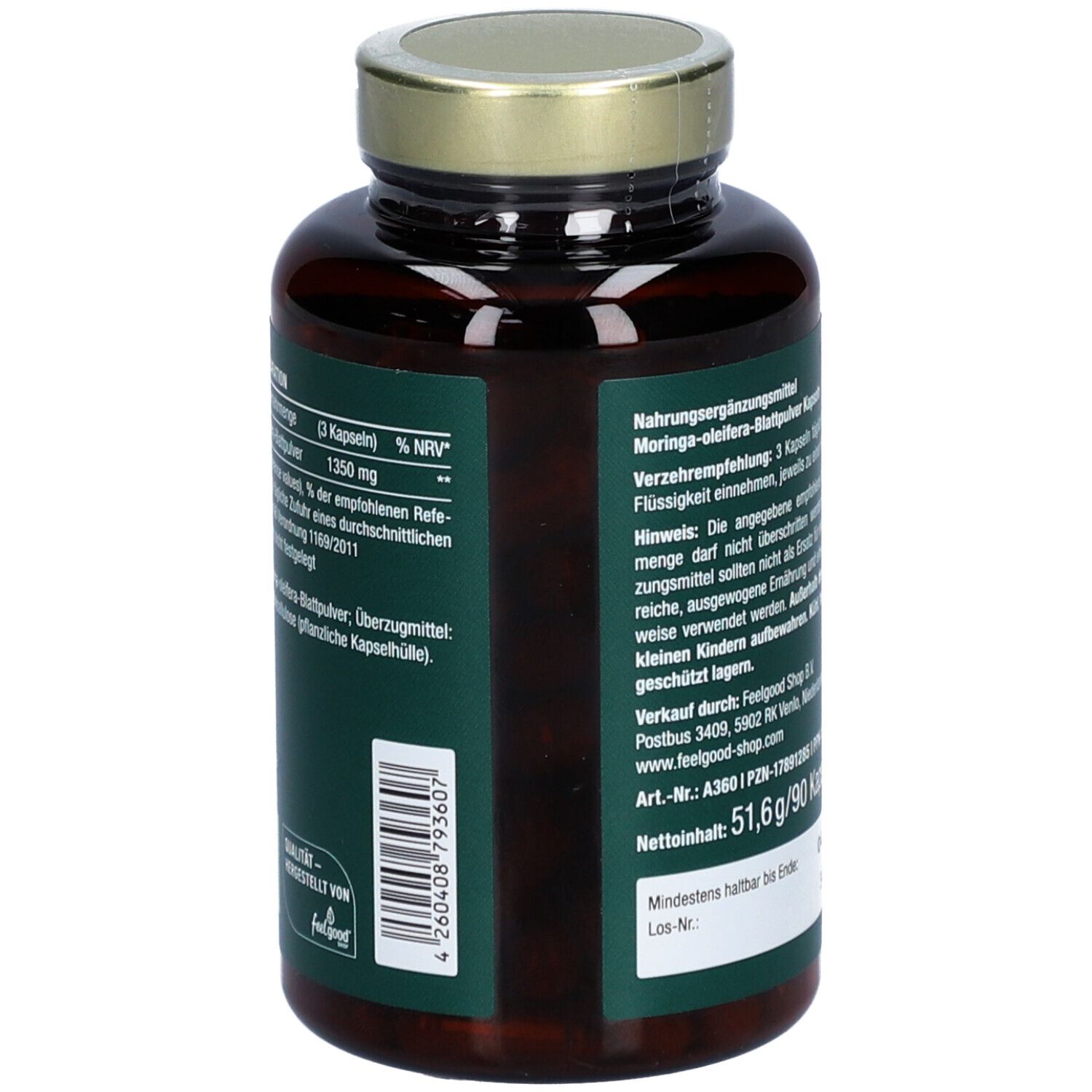 Braune Glasflasche mit grüner Etikette. Aufschrift: Vegan Bio Moringa 1350 mg. Goldfarbener Deckel.