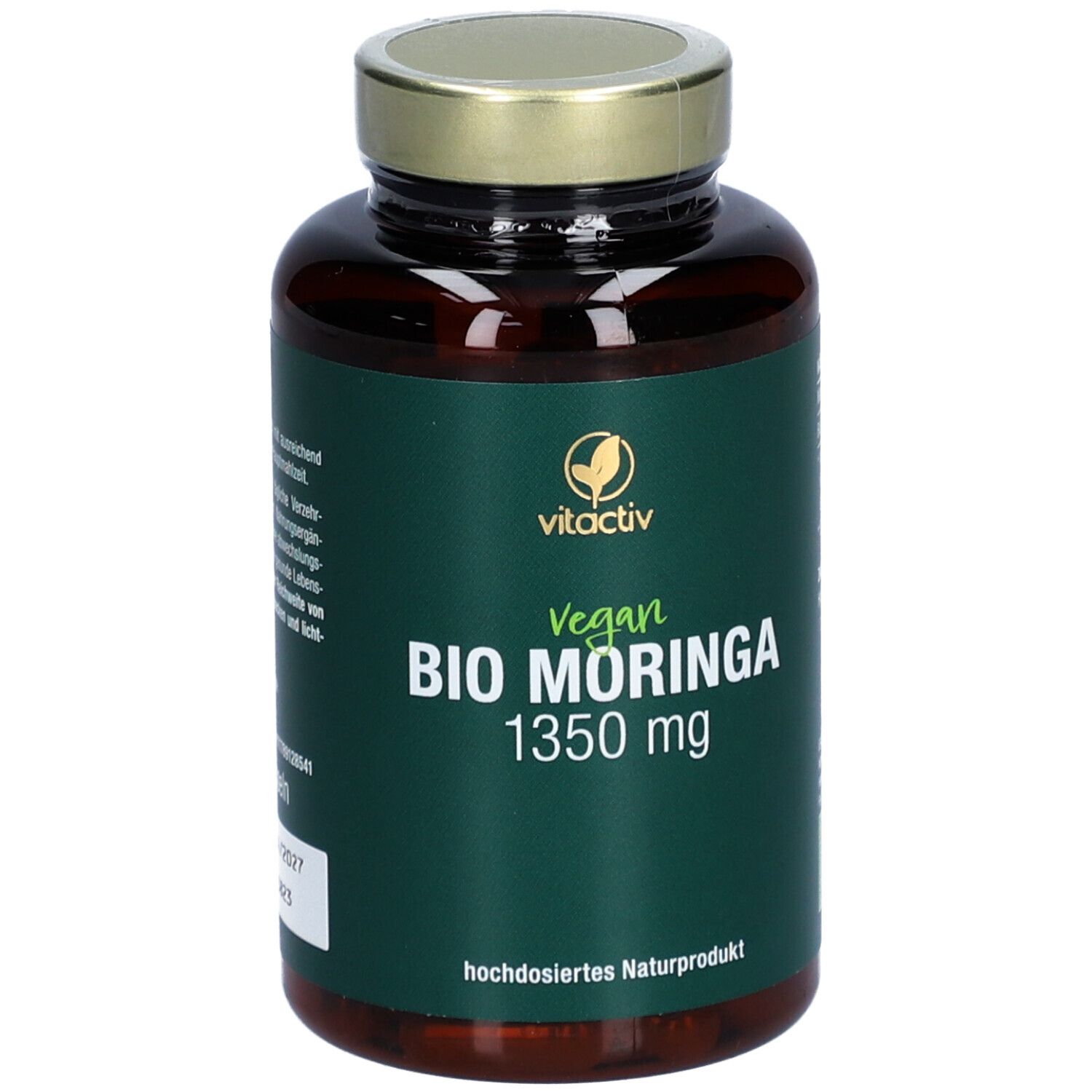 Braune Glasflasche mit grüner Etikette. Aufschrift: Vegan Bio Moringa 1350 mg. Goldfarbener Deckel.