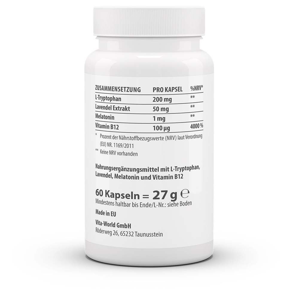 Rückseite der weißen Flasche. Enthält Informationen zu Inhaltsstoffen, Dosierung und Lagerung. 60 Kapseln = 27 g.