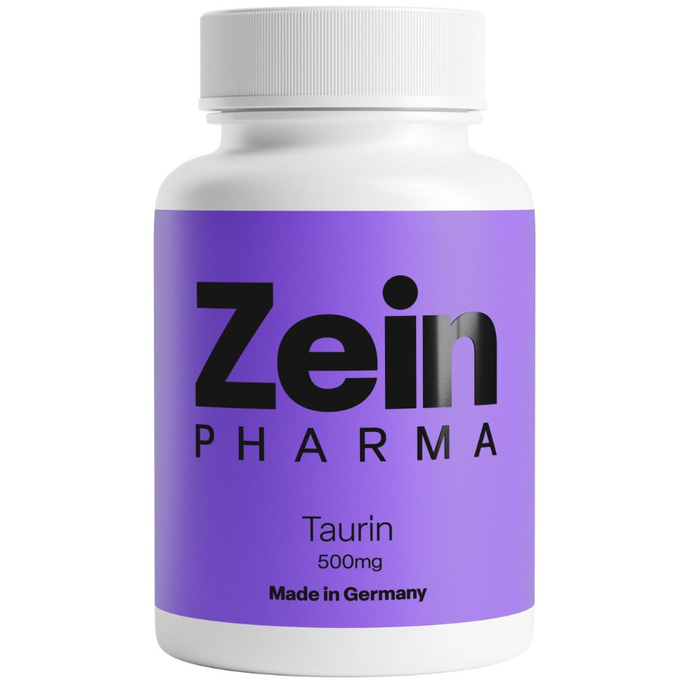 Weiße Flasche mit lila Etikett. Aufschrift: Zein Pharma, Taurin 500mg. Hergestellt in Deutschland.