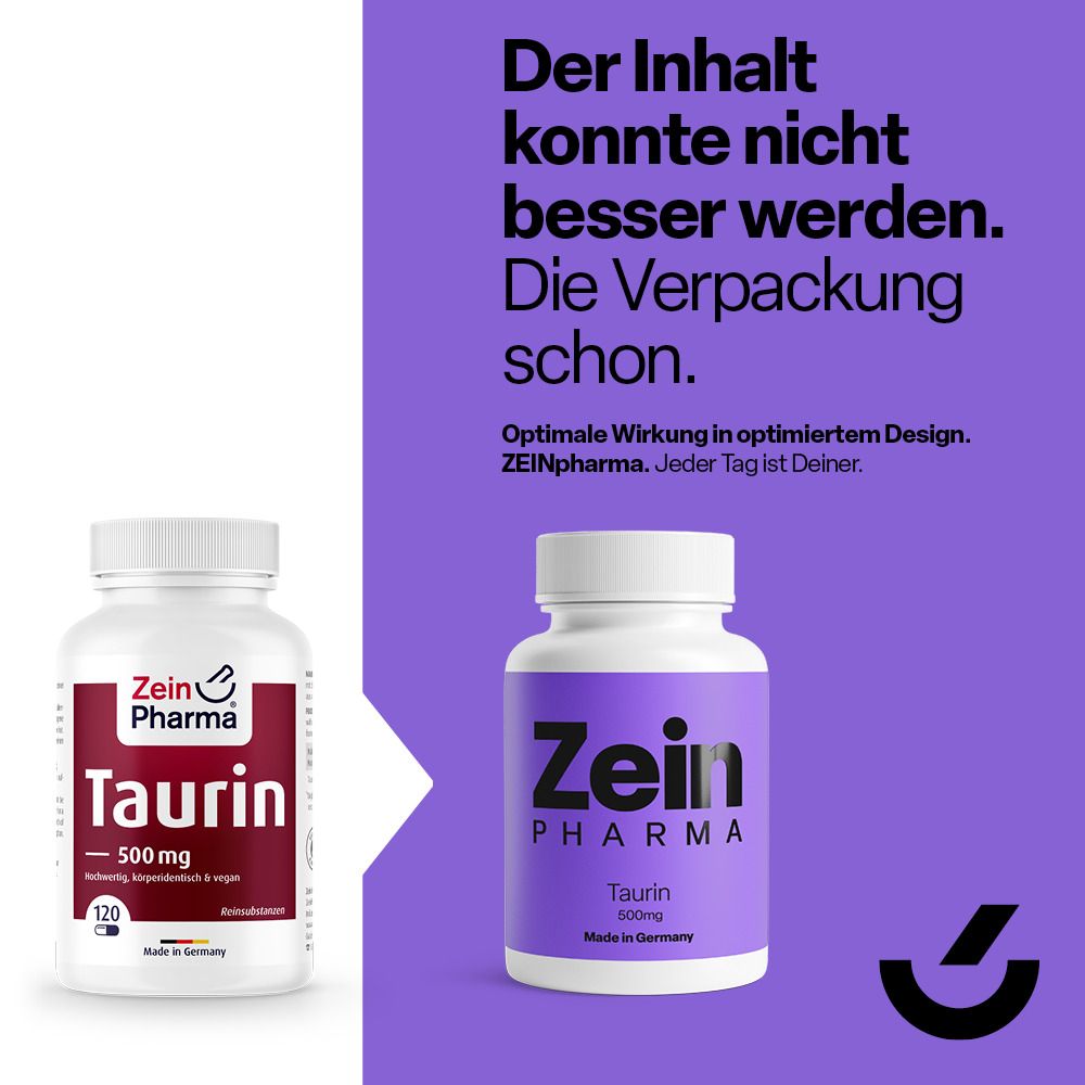 Zwei Flaschen Zein Pharma Taurin. Eine links, eine rechts. Text: Optimale Wirkung in optimiertem Design.
