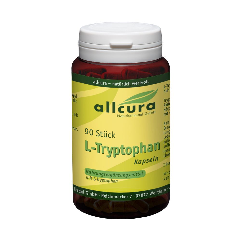 Braune Dose mit weißem Deckel. Aufkleber mit "allcura" und "L-Tryptophan Kapseln". 90 Stück.
