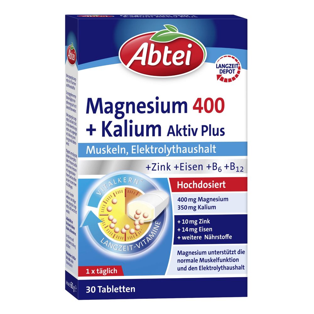 Abtei Magnesium 400 + Kalium Aktiv Plus. Packung mit 30 Tabletten. Enthält Zink, Eisen, B6, B12. Hochdosiert.