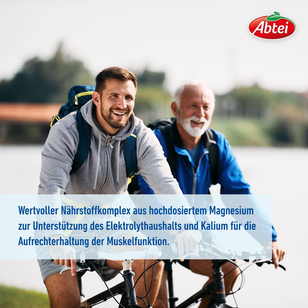 Zwei Männer fahren Fahrrad. Text: Wertvoller Nährstoffkomplex aus hochdosiertem Magnesium und Kalium.