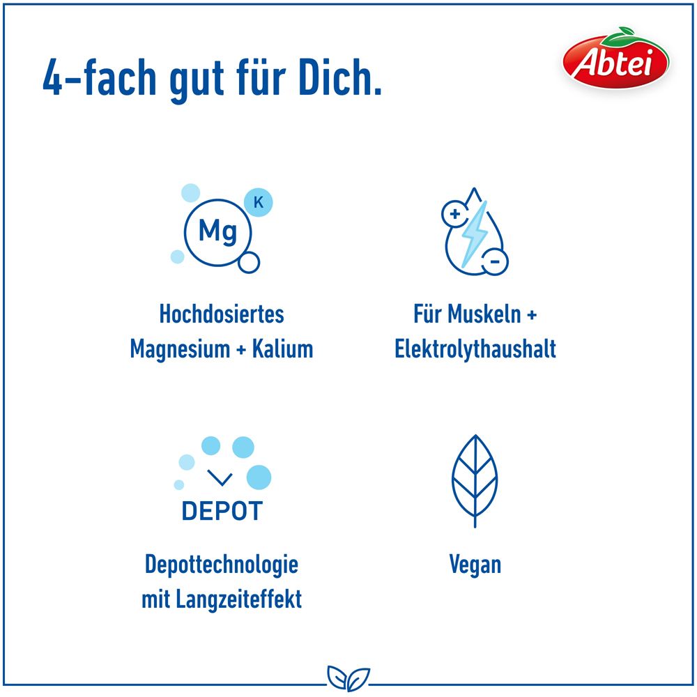 Abtei-Logo. Vier Icons: Magnesium + Kalium, Muskeln + Elektrolythaushalt, Depottechnologie, Vegan.
