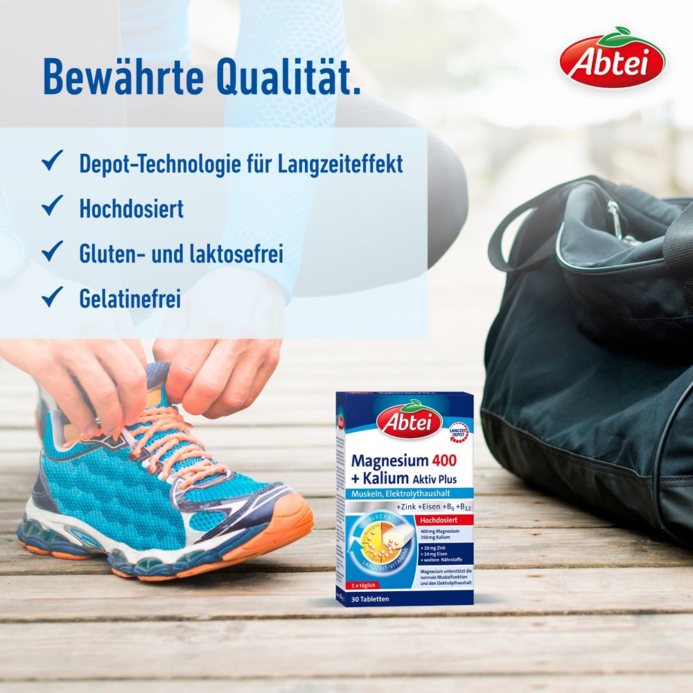 Abtei Magnesium 400 + Kalium Aktiv Plus. Packung mit 30 Tabletten. Text: Depot-Technologie, hochdosiert, glutenfrei.