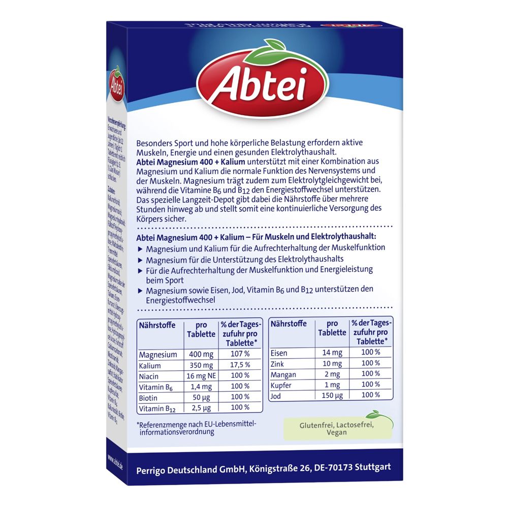 Rückseite der Abtei Magnesium 400 + Kalium Aktiv Plus Packung. Nährwerttabelle und weitere Informationen.