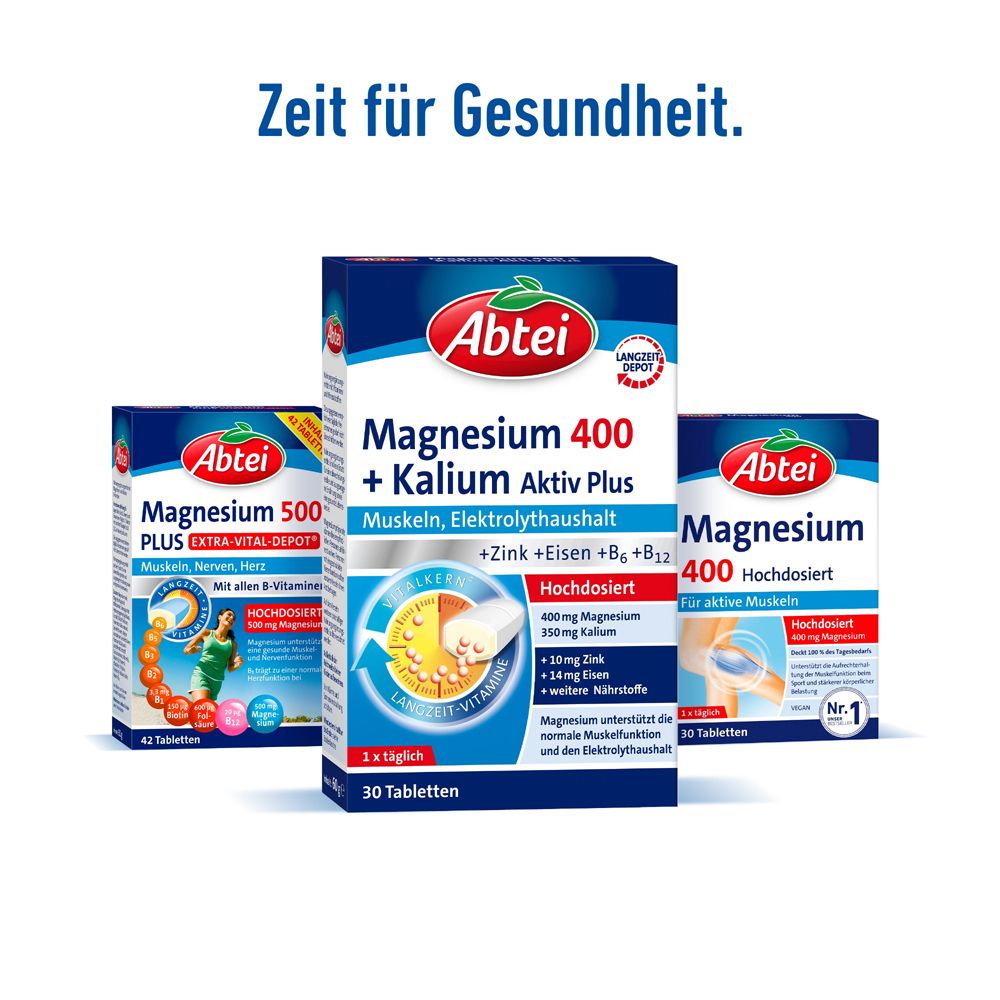 Drei Abtei-Produktpackungen: Magnesium 500 Plus, Magnesium 400 + Kalium Aktiv Plus, Magnesium 400.