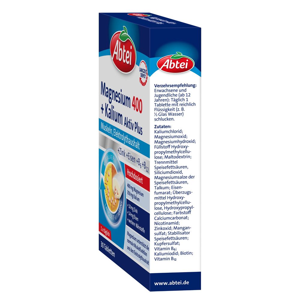 Abtei Magnesium 400 + Kalium Aktiv Plus. Packung mit 30 Tabletten. Seitenansicht mit Inhaltsstoffen.