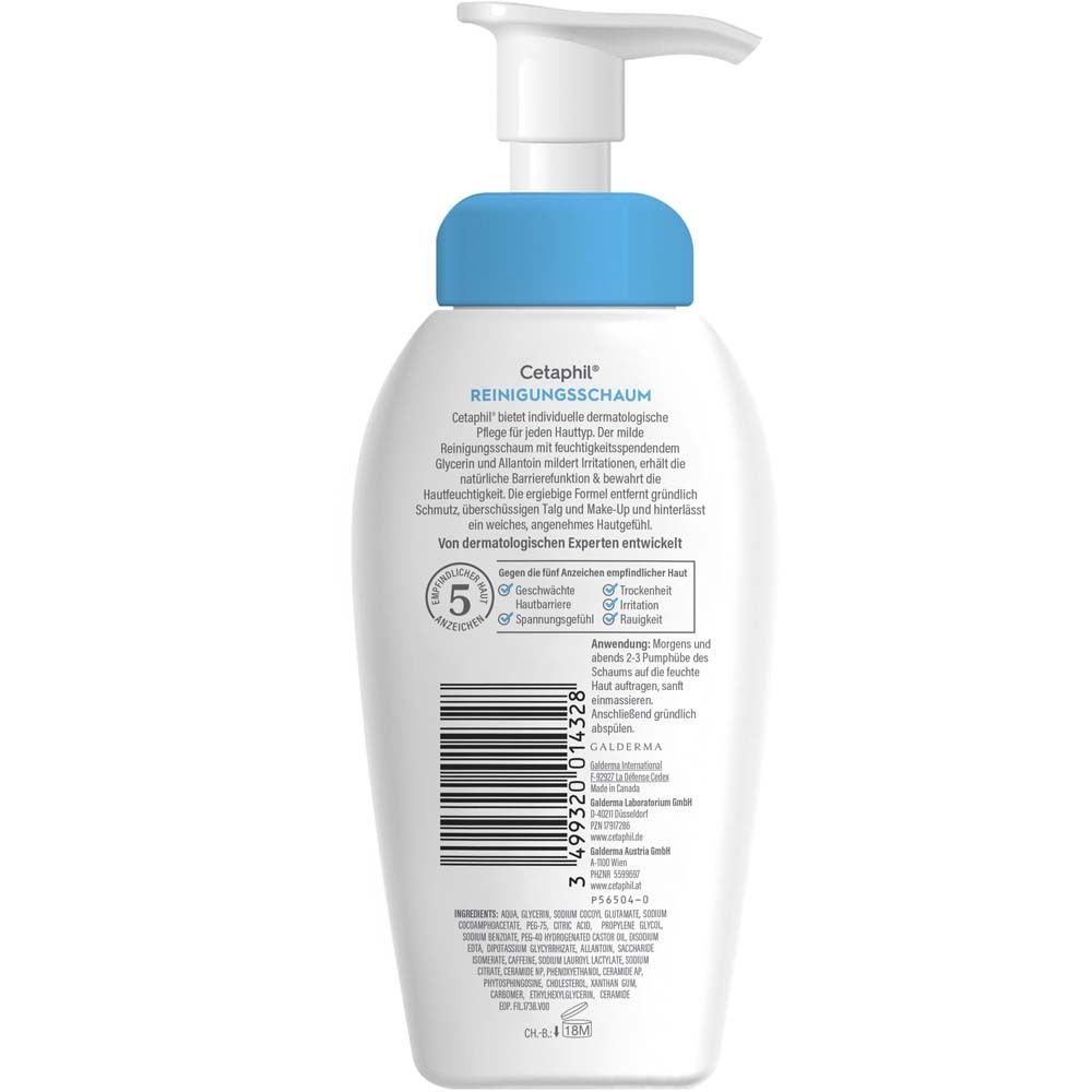 Rückseite der Flasche Cetaphil Reinigungsschaum. Inhaltsstoffe, Anwendungshinweise und Herstellerinformationen.