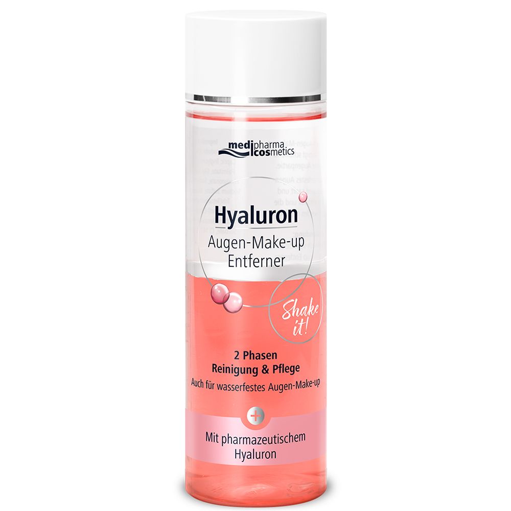 Augen-Make-up Entferner. Flasche mit weißem Deckel und silbernem Ring. Produktname und Marke sichtbar.