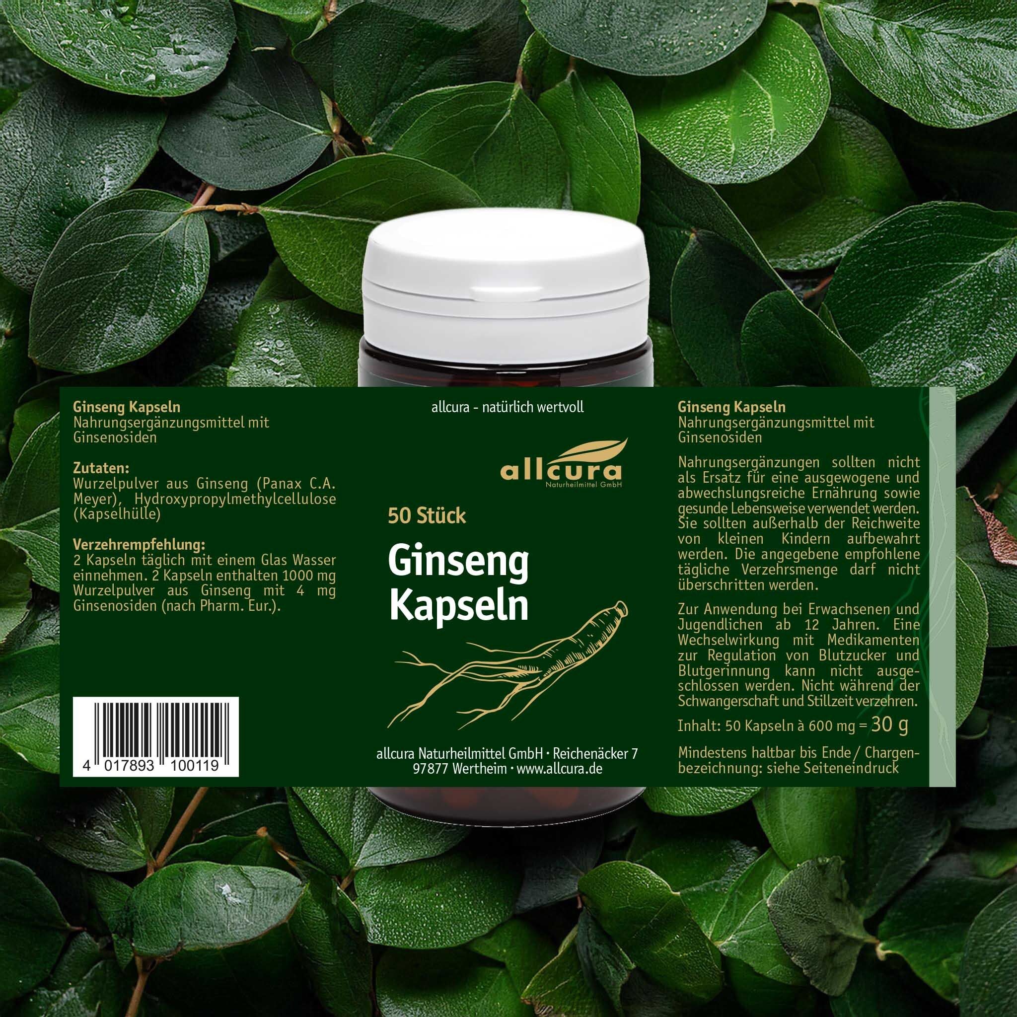 Ginseng Kapseln in einer Dose. Grüner Hintergrund mit Blättern. Produktinformationen auf dem Etikett.