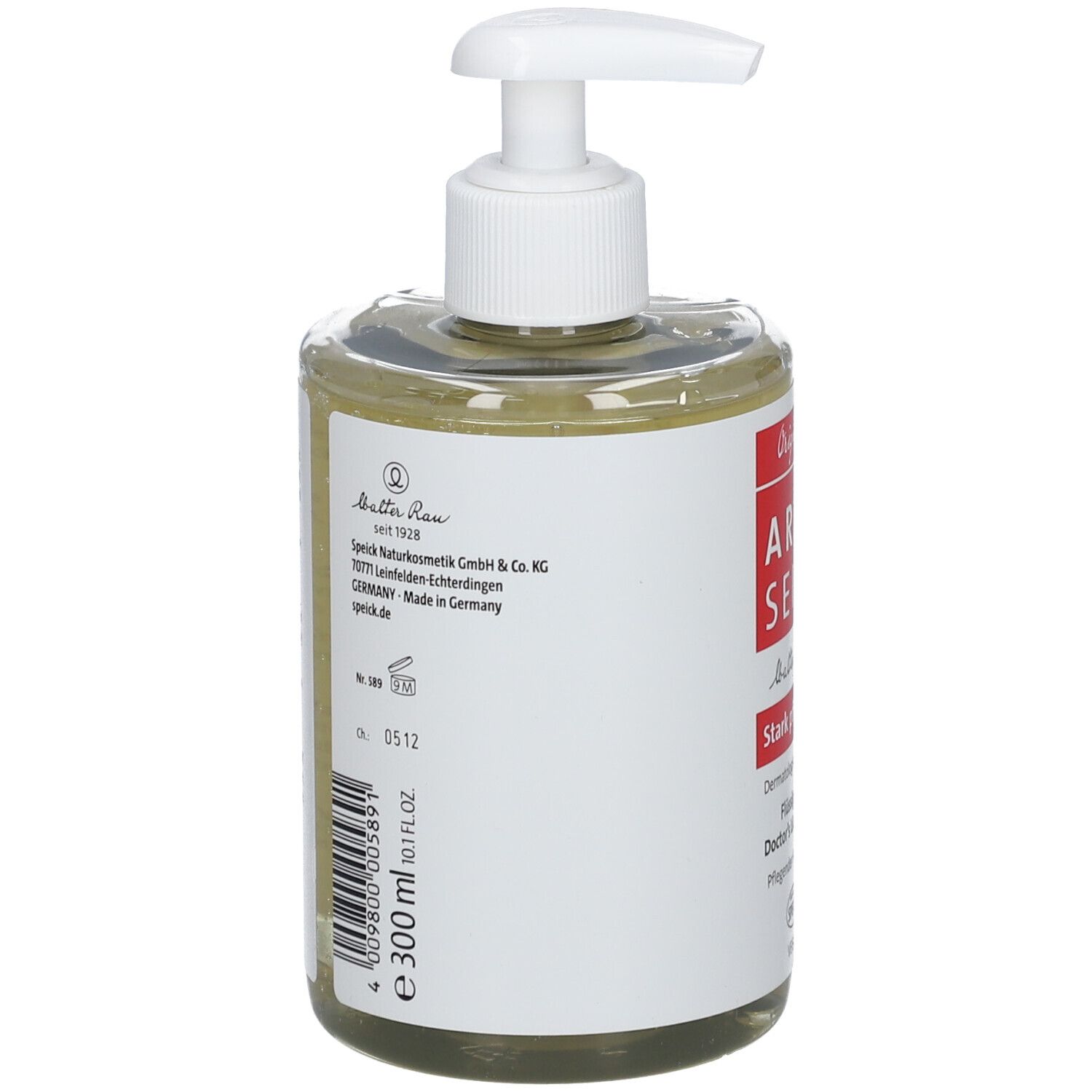 Flüssigseife-Spender, Seitenansicht. Weißes Etikett mit Produktinformationen und Logo. 300 ml.