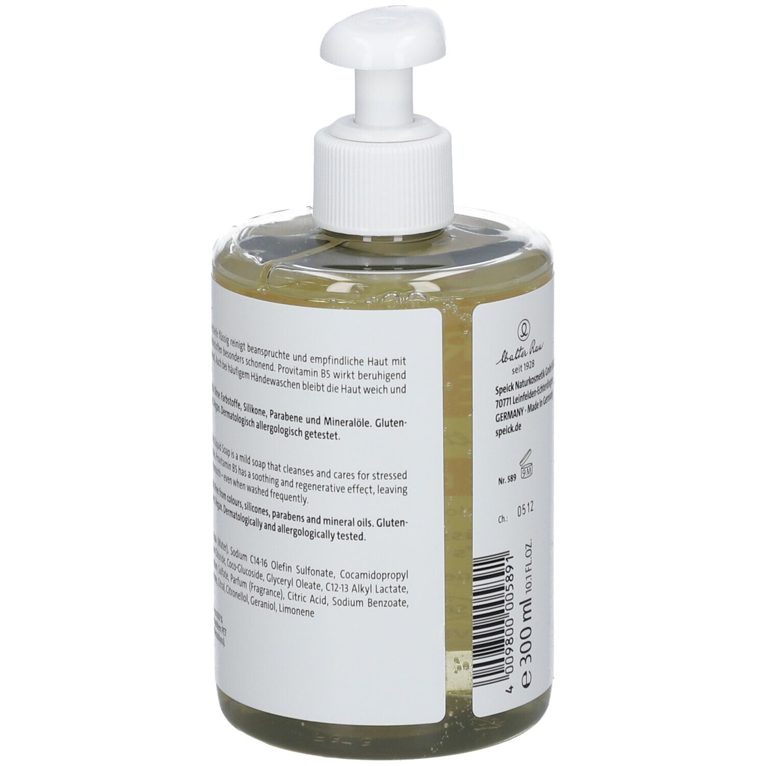 Flüssigseife-Spender, Rückansicht. Etikett mit Inhaltsstoffen und Produktbeschreibung. 300 ml.