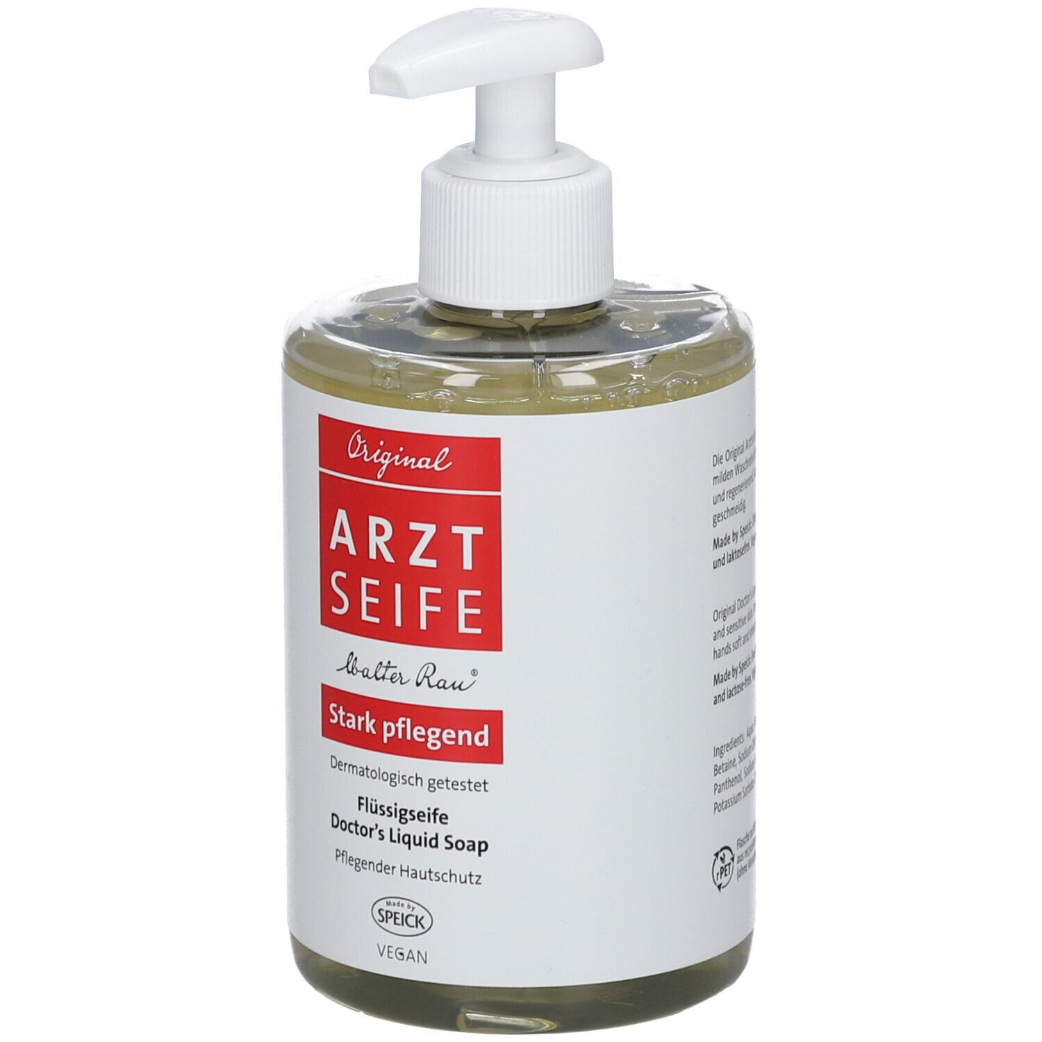 Flüssigseife-Spender, Rückansicht. Etikett mit Produktbeschreibung und Inhaltsstoffen. Recycelbar.