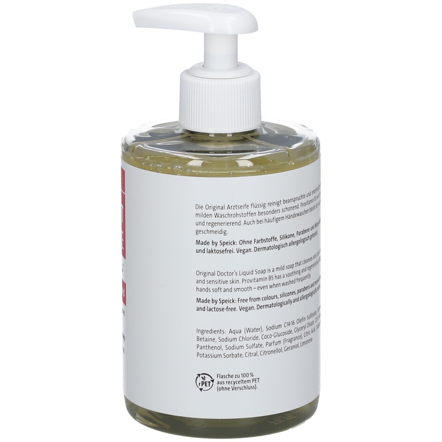 Flüssigseife-Spender mit weißem Pumpkopf. Rotes Etikett mit Schriftzug: ARZT SEIFE. Vegan.