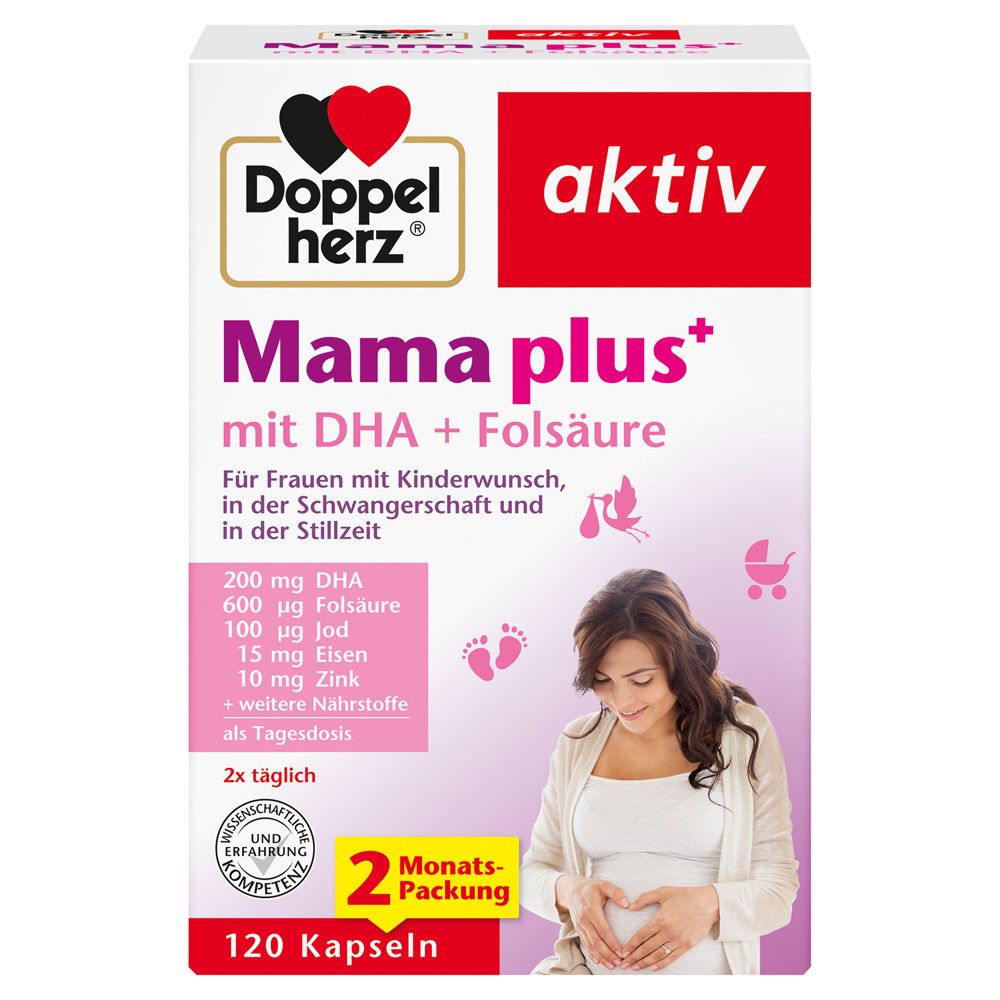 Doppelherz aktiv Mama plus+ mit DHA + Folsäure. 120 Kapseln. 2 Monats-Packung. Für Schwangere.