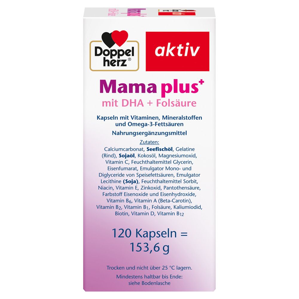 Doppelherz aktiv Mama plus+. Nährwerttabelle. Vitamine, Mineralstoffe. Klimaneutral.