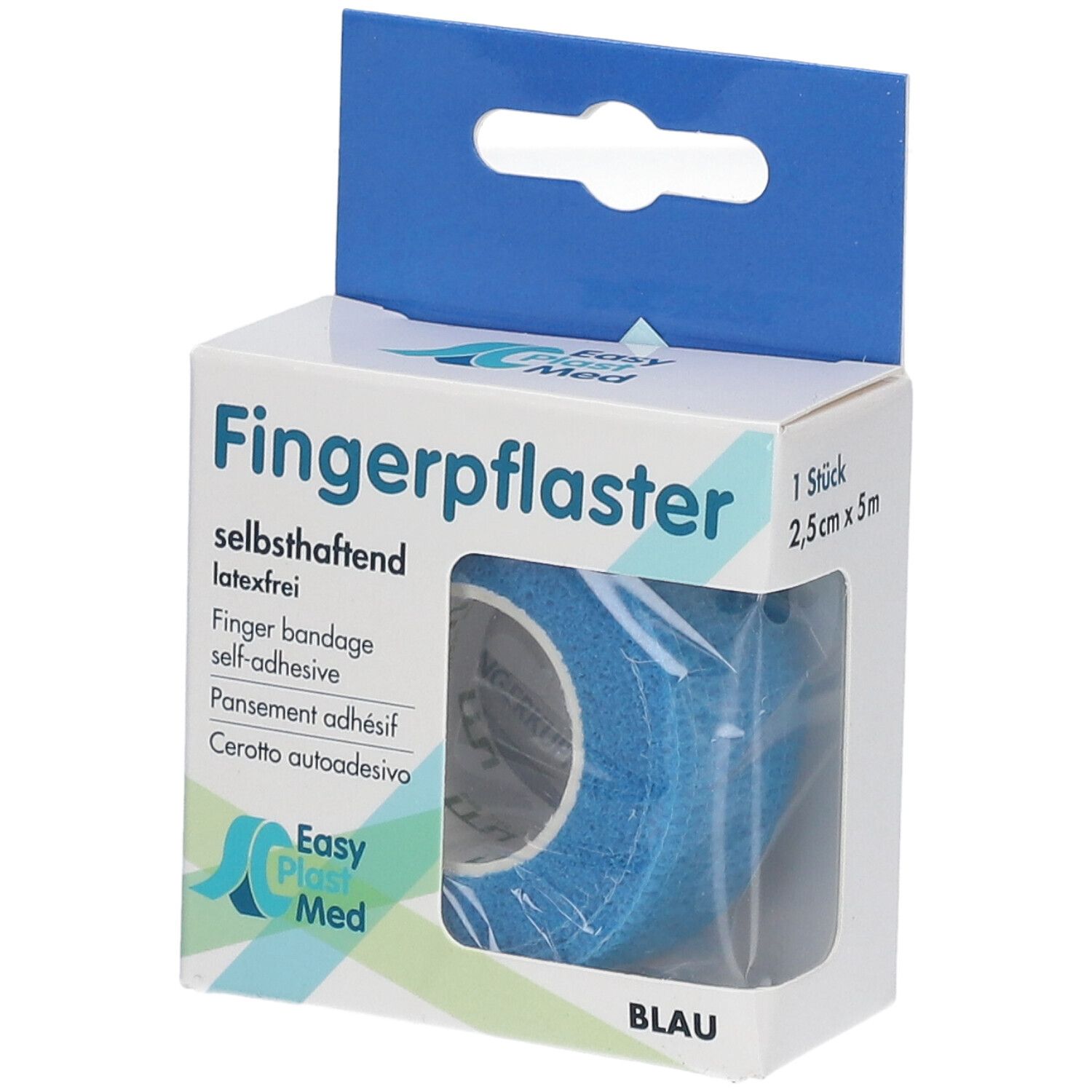 Blaues Fingerpflaster in Verpackung. Selbsthaftend, 2,5 cm x 5 m. Marke Easy Plast Med.