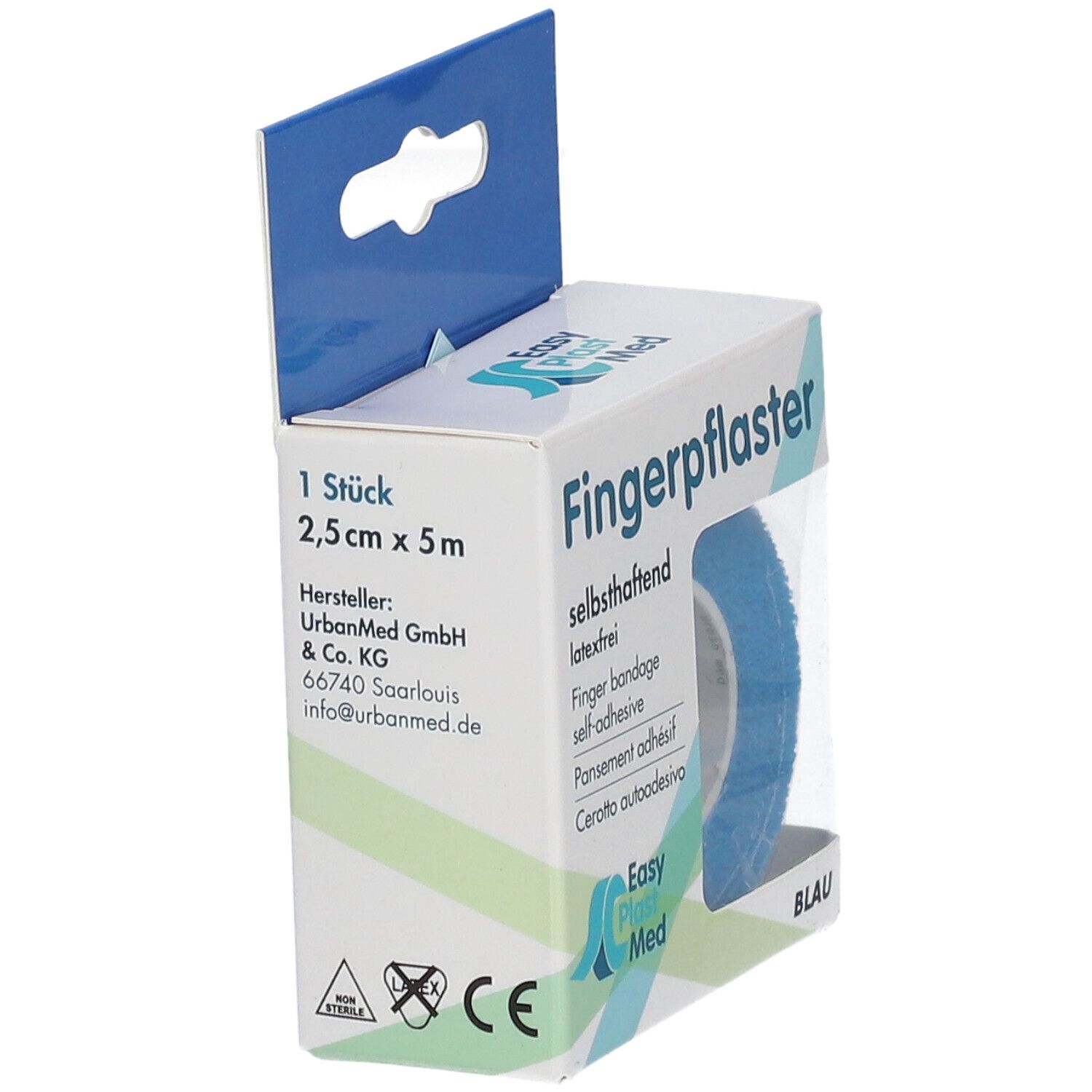 Verpackung mit blauem Fingerpflaster. Selbsthaftend, 2,5 cm x 5 m. Hersteller UrbanMed GmbH.