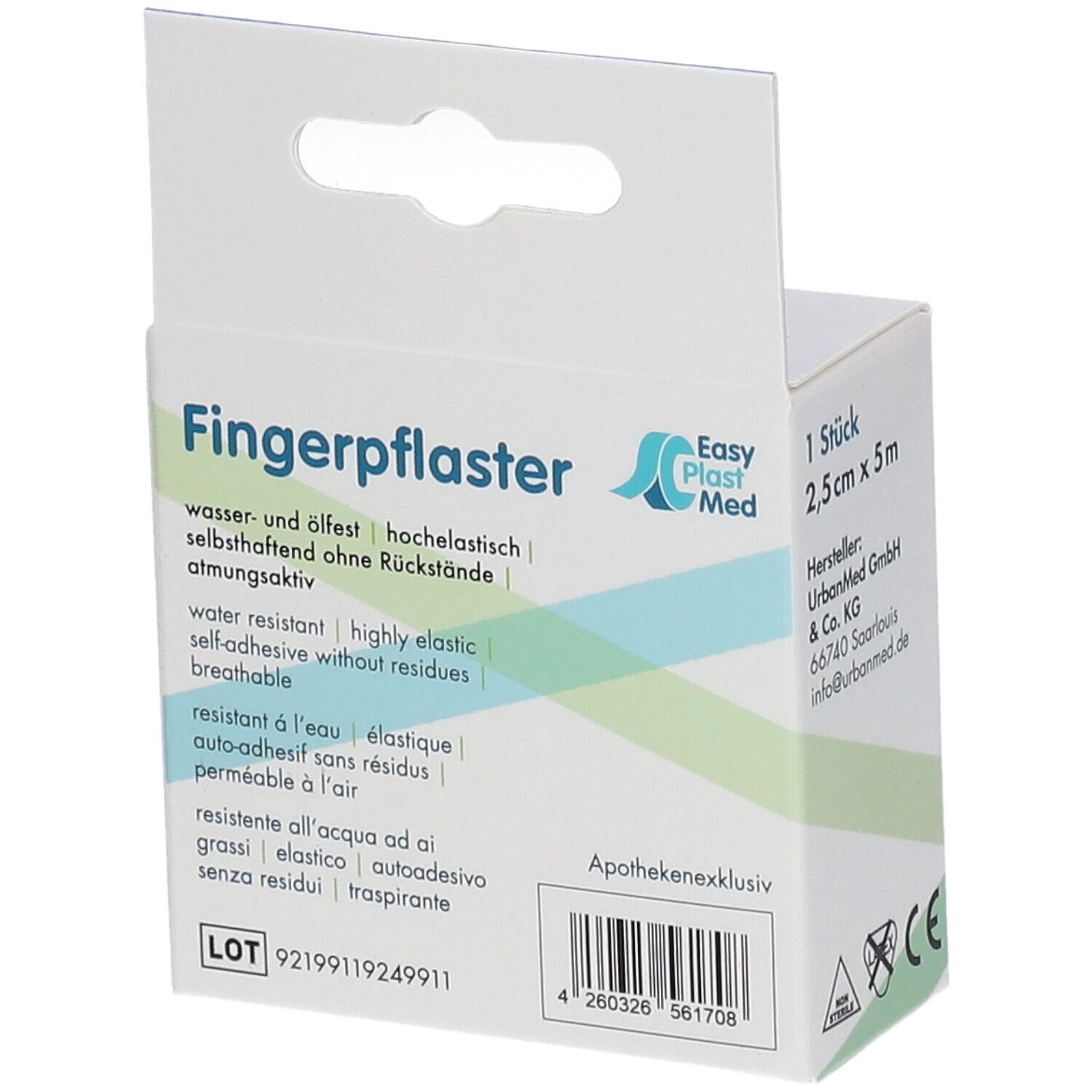 Rückseite der Verpackung mit Fingerpflaster. Angaben zu Eigenschaften und Hersteller.