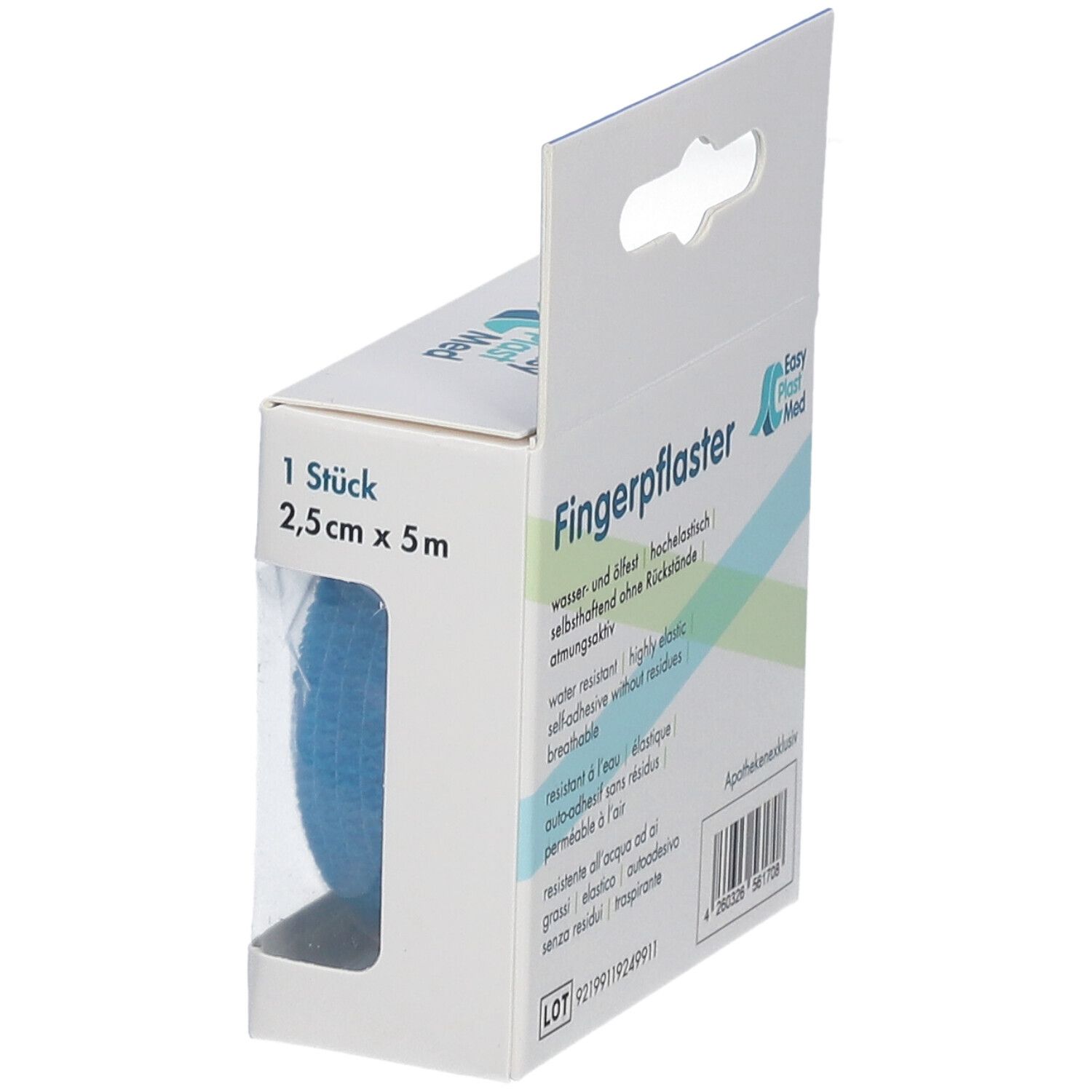 Verpackung mit blauem Fingerpflaster. 2,5 cm x 5 m. Marke Easy Plast Med.