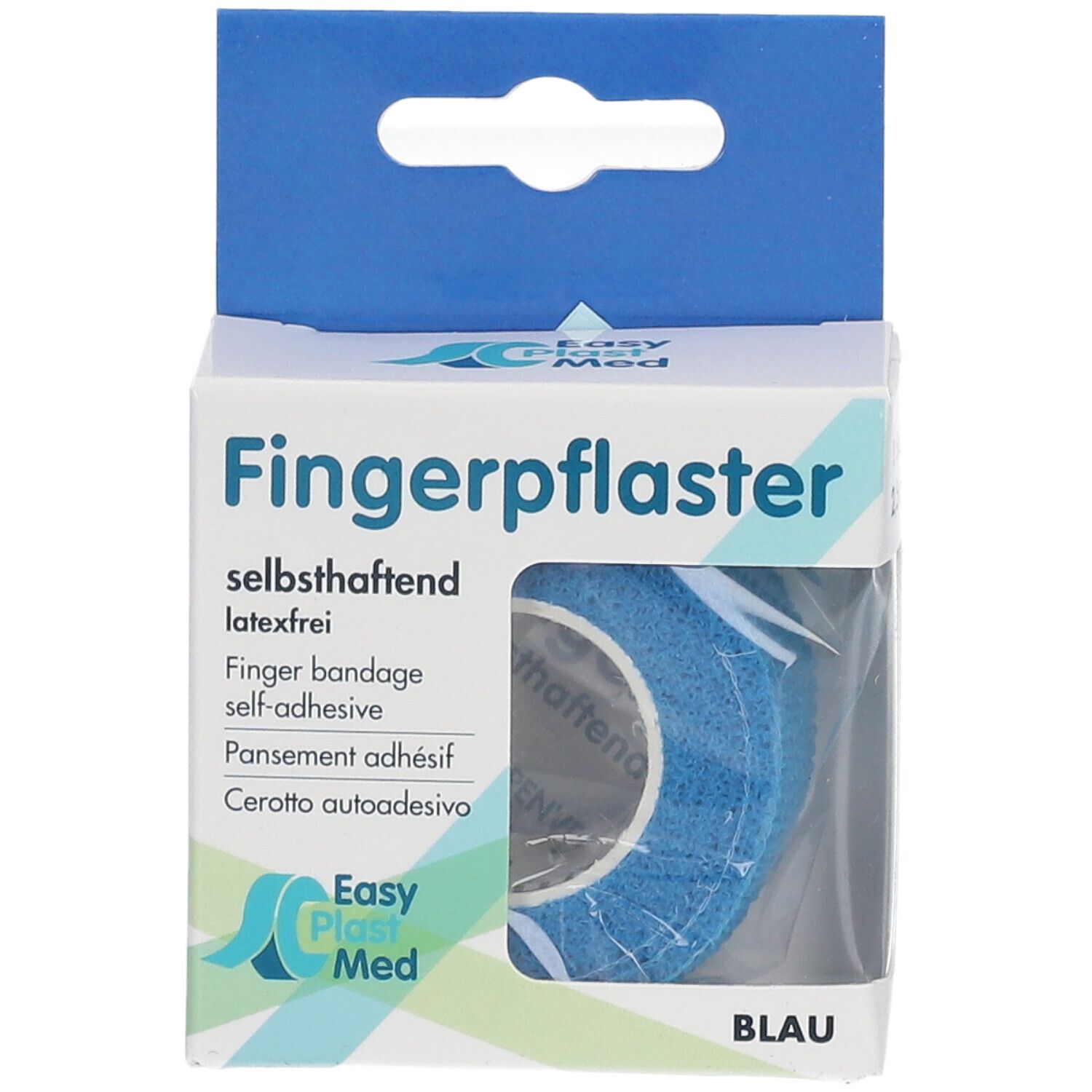 Verpackung mit blauem Fingerpflaster. Selbsthaftend. Marke Easy Plast Med.
