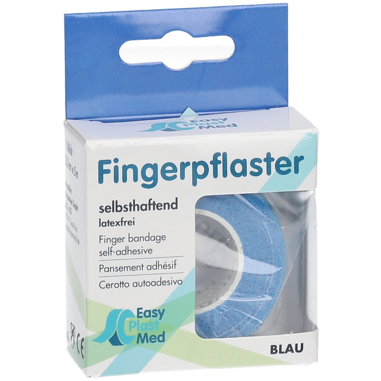 Verpackung mit blauem Fingerpflaster. Selbsthaftend. Marke Easy Plast Med.