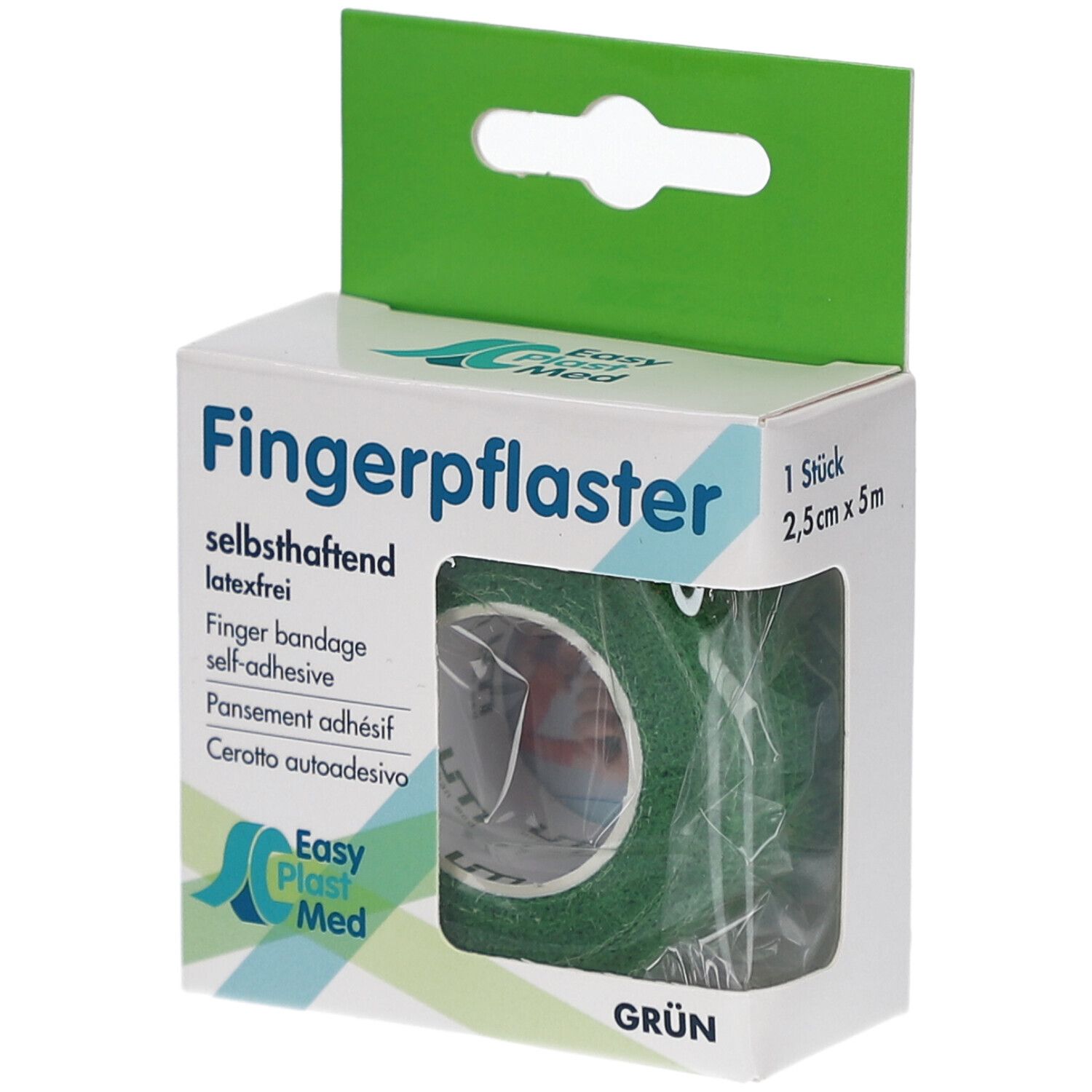 Grünes Fingerpflaster in Verpackung. Selbsthaftend, 2,5cm x 5m. Marke Easy Plast Med. Grün-weiße Verpackung mit Sichtfenster.