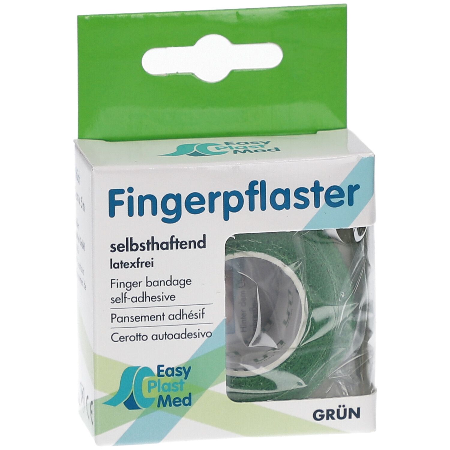 Verpackung mit grünem Fingerpflaster. Selbsthaftend, 2,5cm x 5m. Marke Easy Plast Med. Grün-weiße Verpackung. Sichtfenster.