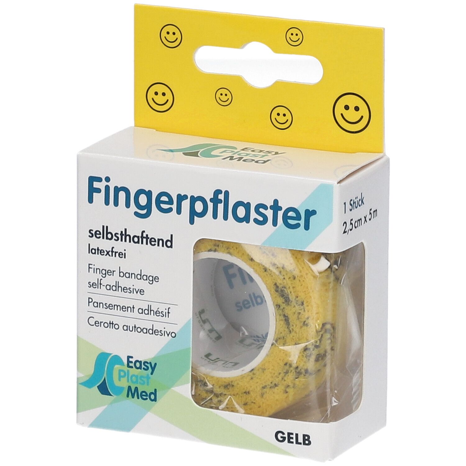 Verpackung mit Fingerpflaster, gelb, 2,5 cm x 5 m. Sichtfenster zeigt Rolle. Gelbe Aufhängung mit Smileys.