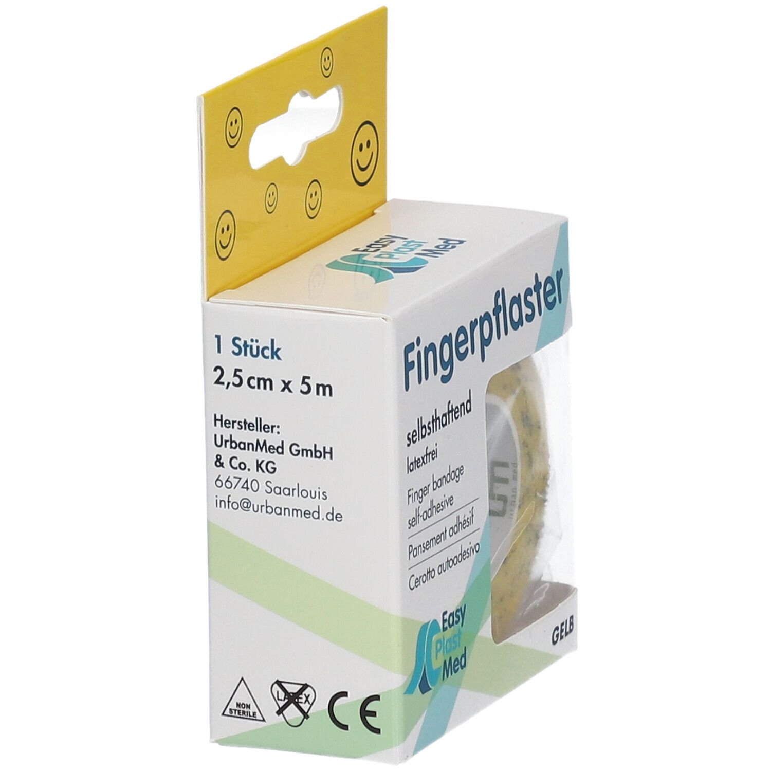 Verpackung Fingerpflaster, gelb, 2,5 cm x 5 m. Seitenansicht. Herstellerinformationen. Gelbe Aufhängung mit Smileys.